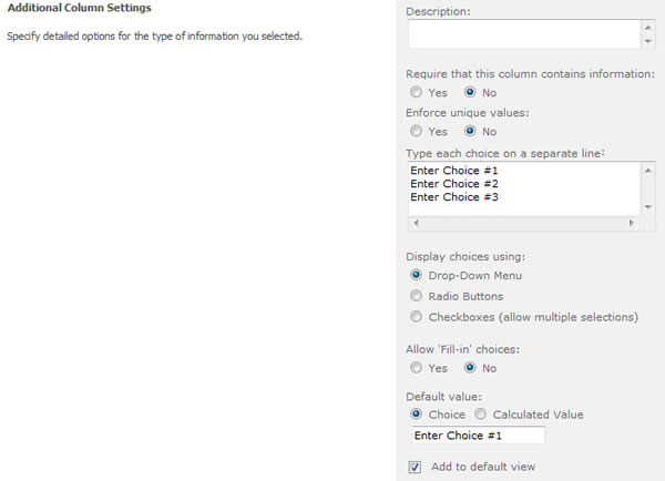 Column Additional Settings - Choice