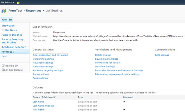 Responses List Settings